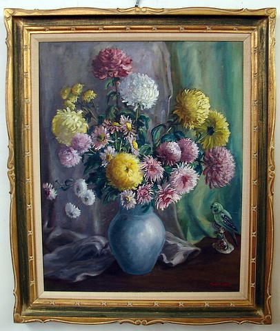 Appraisal: Mixed bouquet floral still life with bird figurine painted with