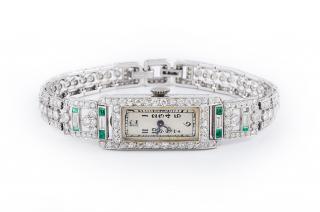 Appraisal: Art Deco Platinum Diamond and Emerald Ladies' Watch Art Deco