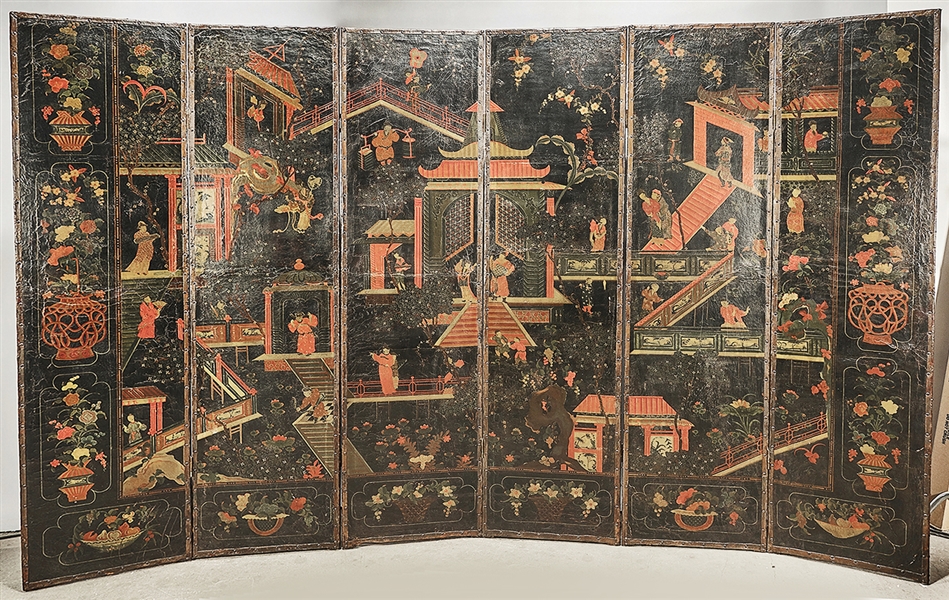 Appraisal: Vintage Chinese painted leather six-panel screen depicting extended courtyard figural