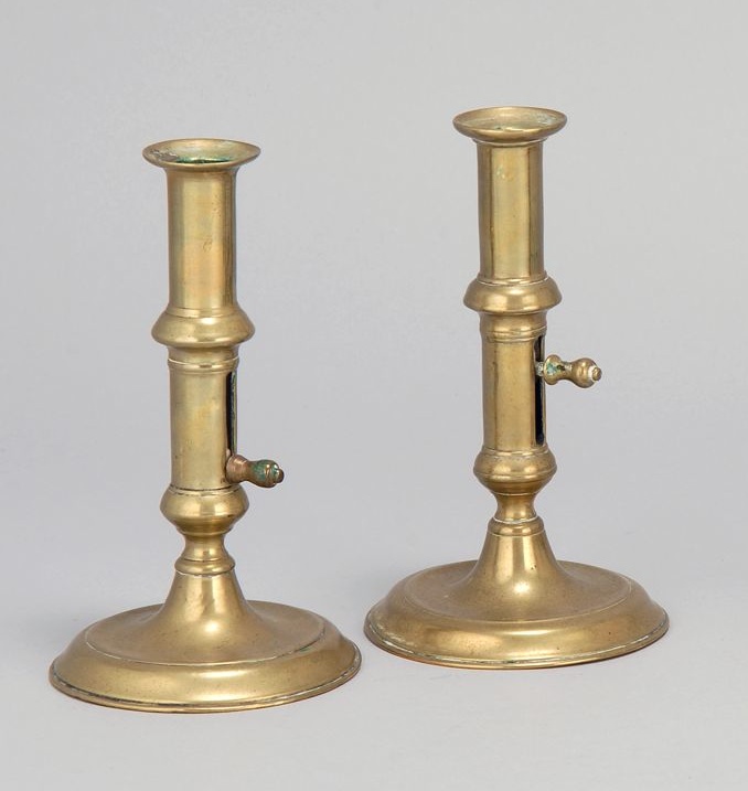 Appraisal: PAIR OF QUEEN ANNE BRASS PUSH-UP CANDLESTICKS English Mid- th