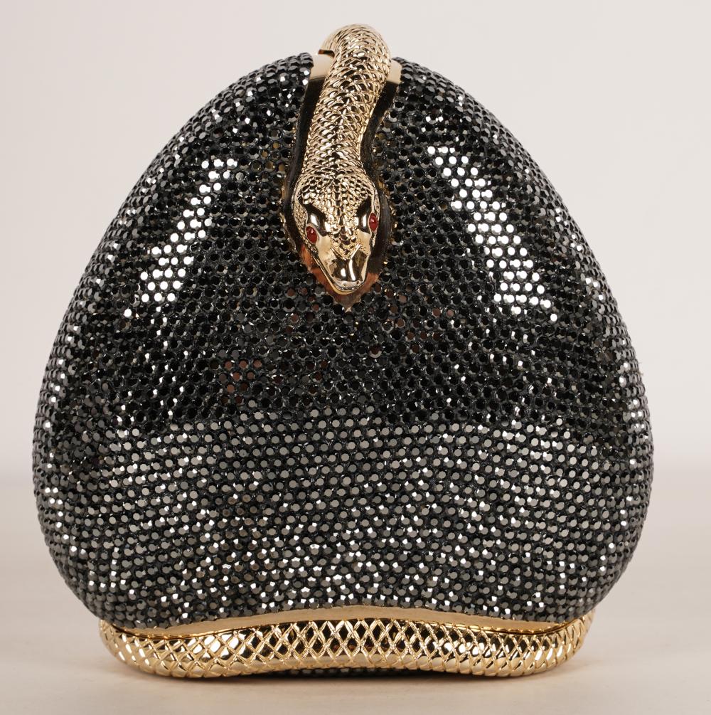 Appraisal: JUDITH LEIBER SNAKE CLUTCHwith black crystals gold-tone hardware slider clasp