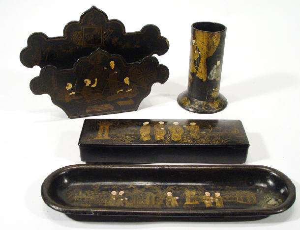 Appraisal: Oriental black lacquer four piece desk stand gilded with figures