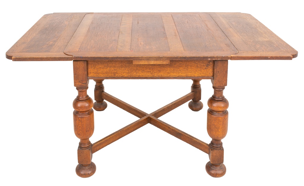 Appraisal: BRITISH OAK DRAW-LEAF SQUARE PUB DINING TABLE English oak square