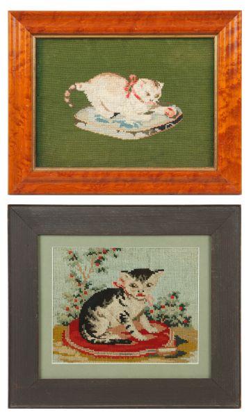 Appraisal: Two Pictorial Needlework Samplers with Cats both th c the