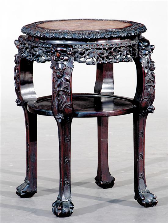 Appraisal: Chinese carved hardwood plant stand circa scalloped top with marble