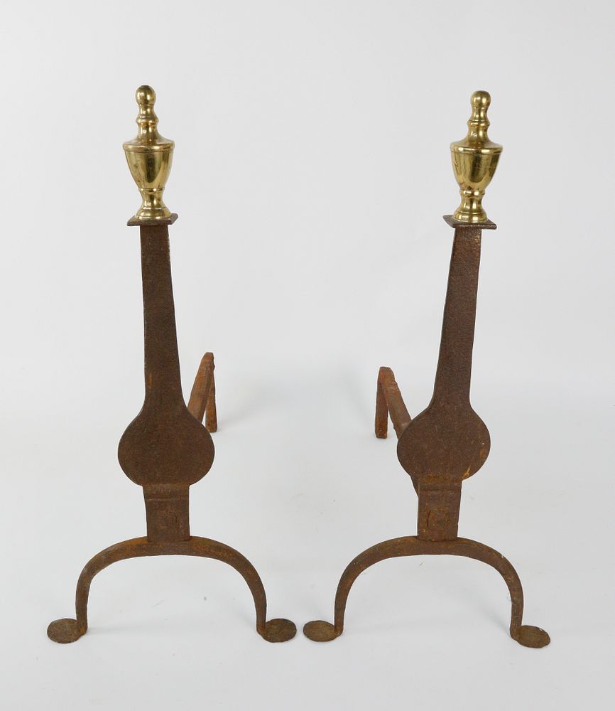 Appraisal: Pair of Cast Iron Knife Blade Andirons with Brass Finials