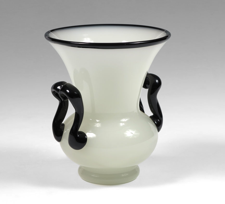 Appraisal: STEUBEN WHITE WITH DOUBLE BLACK HANDLES VASE White glass body