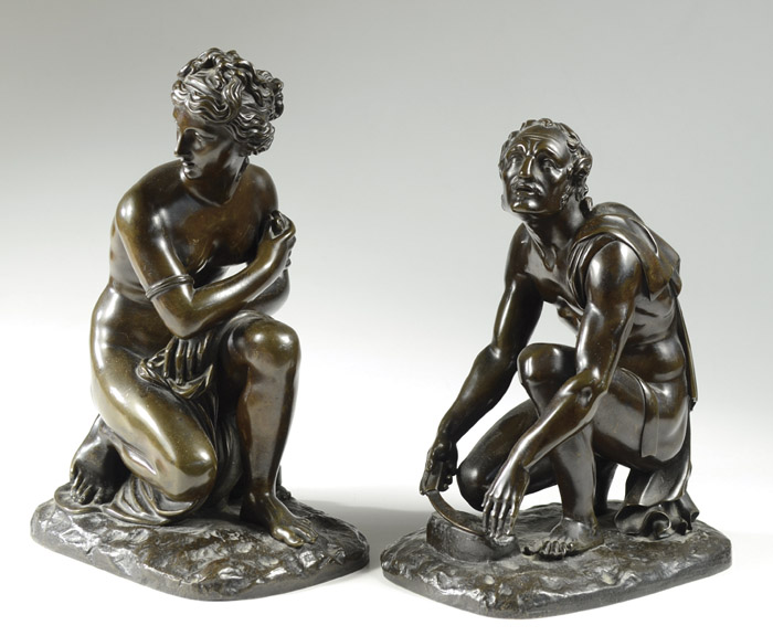 Appraisal: PAIR OF EUROPEAN BRONZE SCULPTURES a woman holding her robe