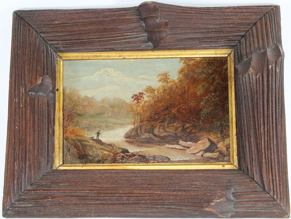 Appraisal: th C Hudson River School Man Fishing in Stream Late