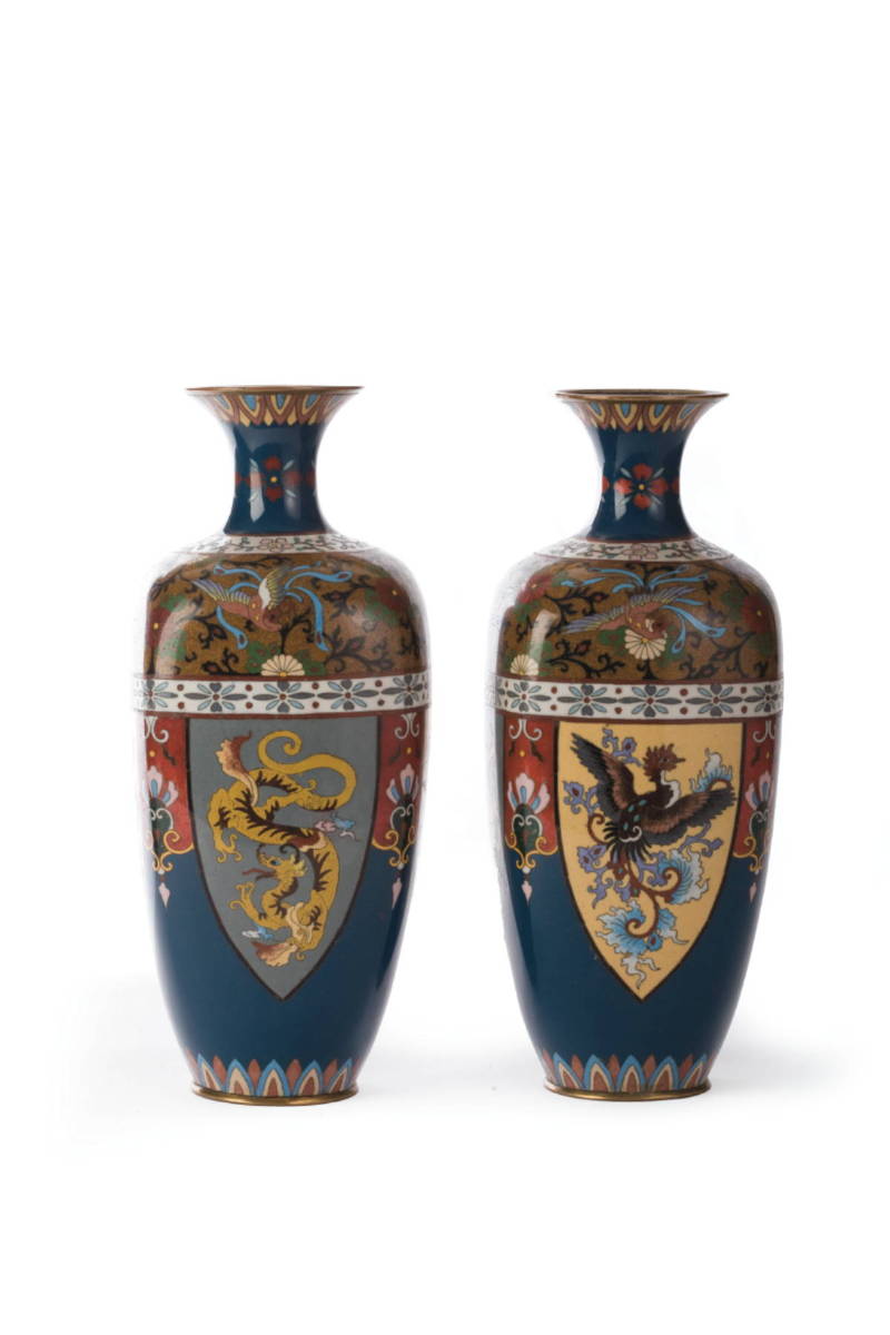 Appraisal: PAIR OF JAPANESE CLOISONNE VASES WITH BLUE GROUND AND DECORATED