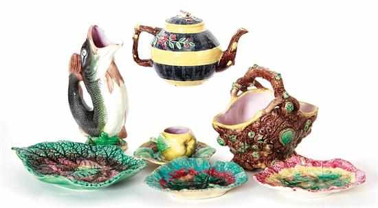 Appraisal: Collection of Majolica serving pieces fish-form pitcher H '' apple-form