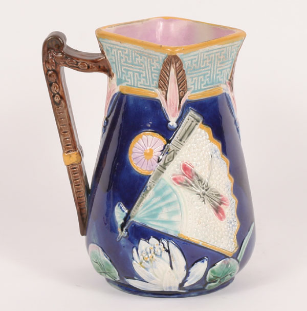 Appraisal: Aesthetic Movement majolica pitcher fan and dragonfly pattern cobalt background