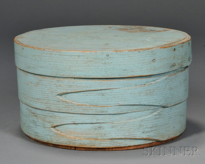 Appraisal: Blue-painted Covered Lap-seam Box America th century round box with