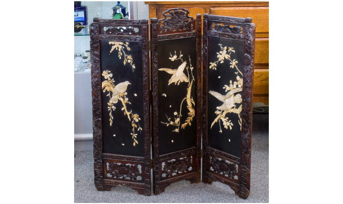 Appraisal: Oriental Black Lacquered Panel Fire Screen With Ivory Inlaid Bird