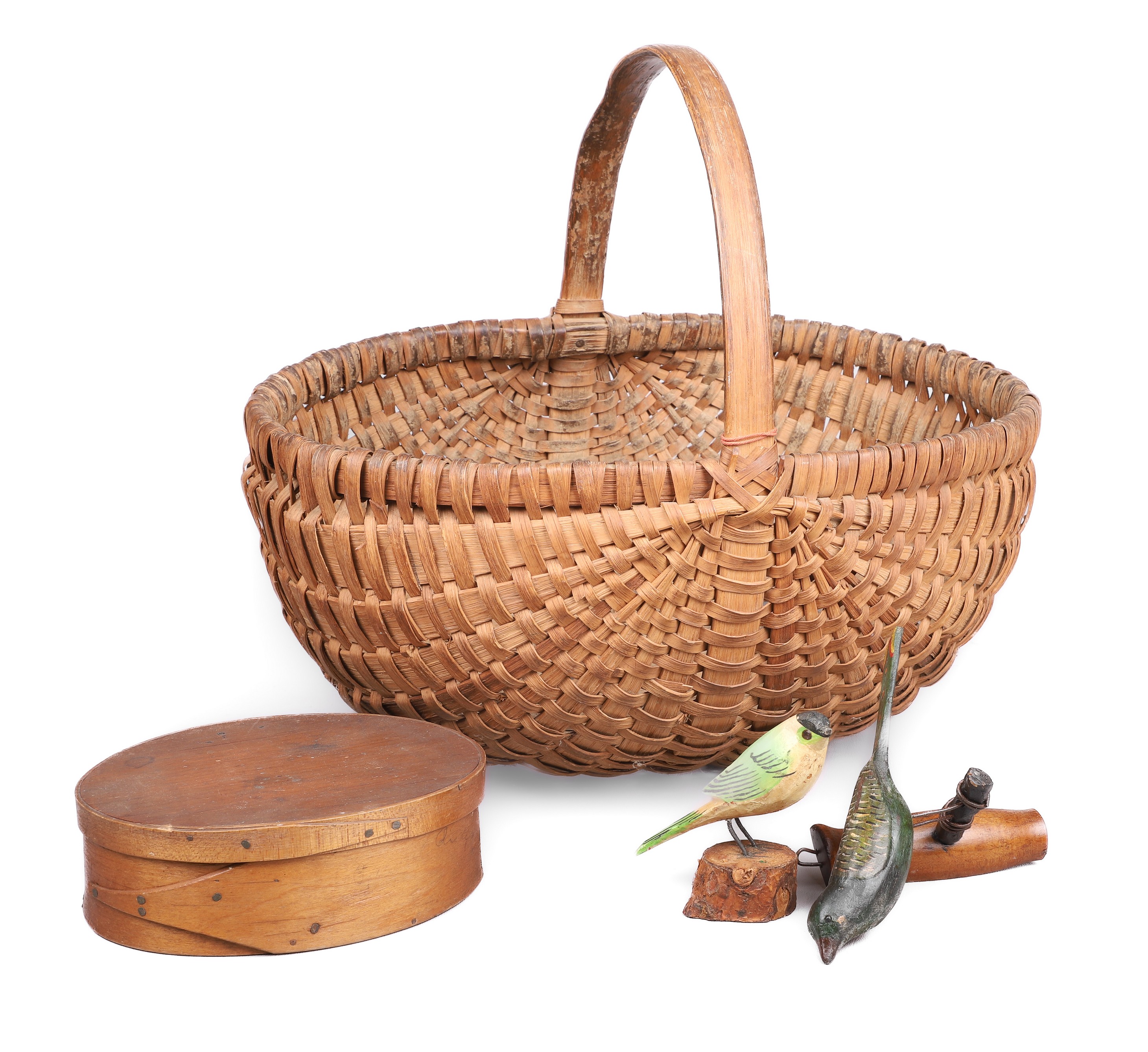 Appraisal: Oak splint basket birds and shaker box to include firm