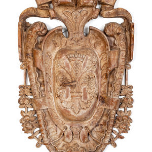 Appraisal: A Baroque Style Carved Wood Cartouche-Form Armorial Plaque Height x