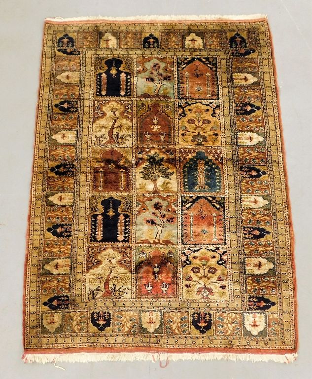 Appraisal: Turkish Figural Landscape Architectural Carpet Turkey th Century Fifteen tree