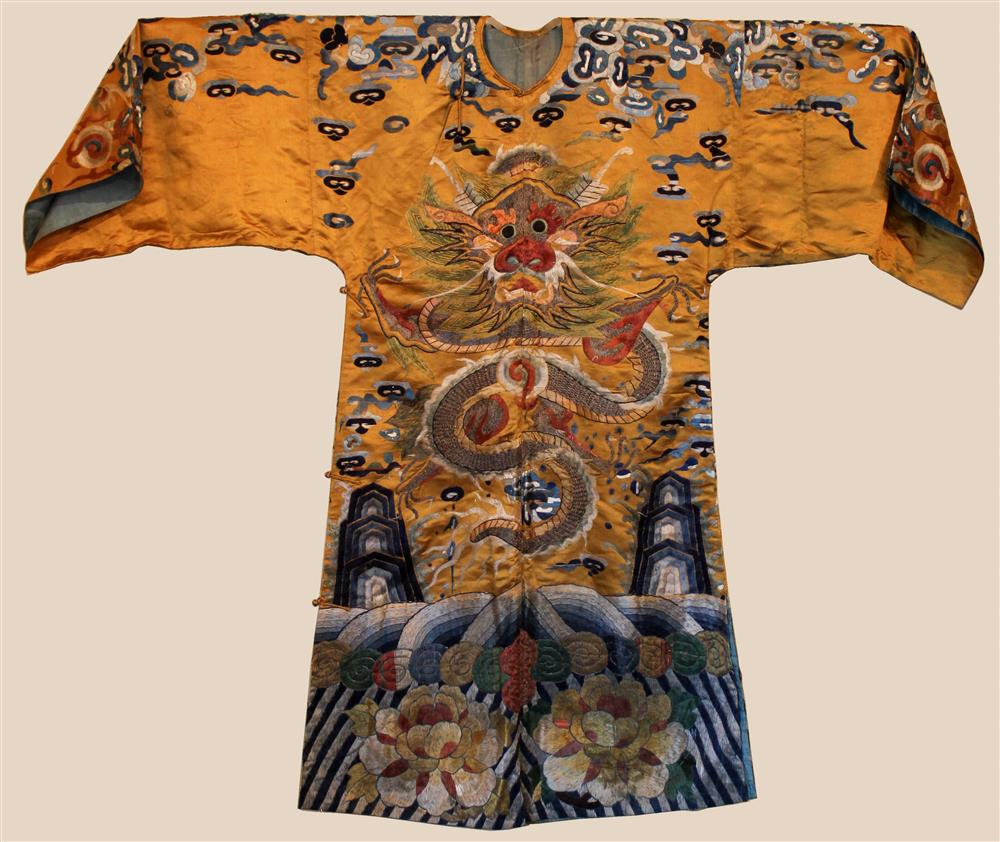 Appraisal: CHINESE SILK EMBROIDERED GOLD THEATRICAL ROBE AND OTHER ITEMS QING