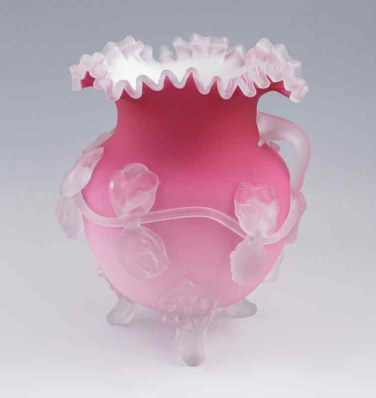 Appraisal: PEACH BLOW ART GLASS FOOTED VASE Applied feet and berry