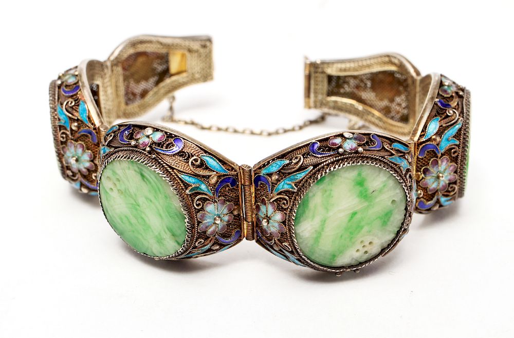 Appraisal: Chinese Silver Filigree Jade Enamel Bracelet Chinese silver filigree and