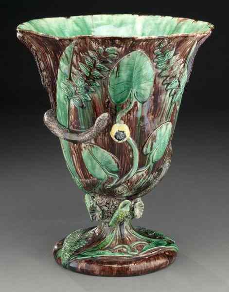 Appraisal: Large Portuguese palissy vase by M Mafraapplied with a snake