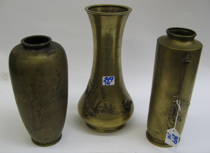 Appraisal: THREE JAPANESE GILT BRONZE VASES a jar-shaped vase with applied