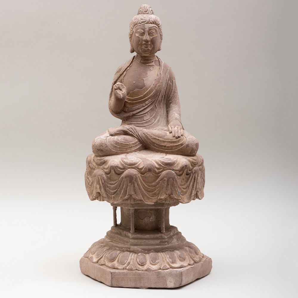 Appraisal: Chinese Carved Sandstone Enthroned Buddha in high Note This piece