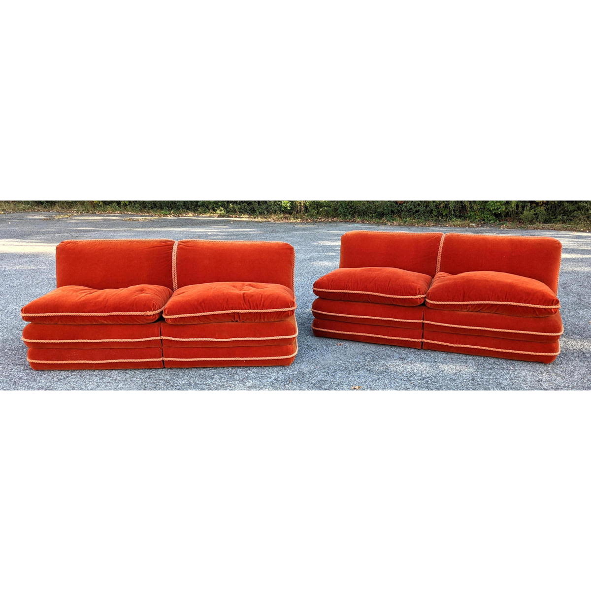 Appraisal: Pr Modernist Velvet Love Seats Thick seat cushions Contrasting piping