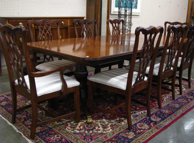 Appraisal: Period style dining room group including banded mahogany dining table