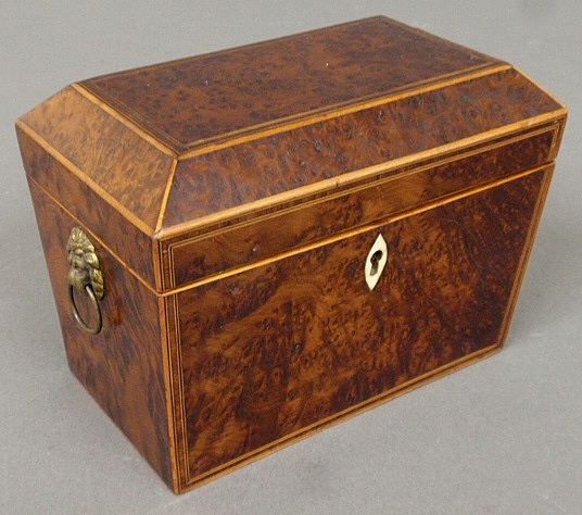 Appraisal: - Georgian inlaid burlwood tea caddy c with lion mask