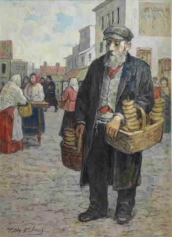 Appraisal: FILMUS Tully Oil on Canvas Bagel Vendor Signed lower left