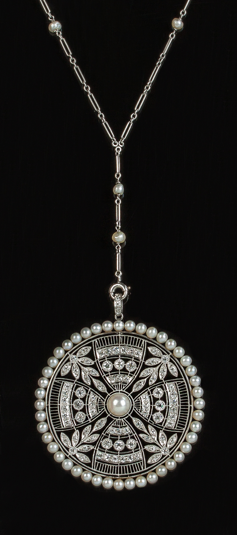 Appraisal: Platinum Diamond and Pearl Edwardian Era Y Chain Necklace baroque