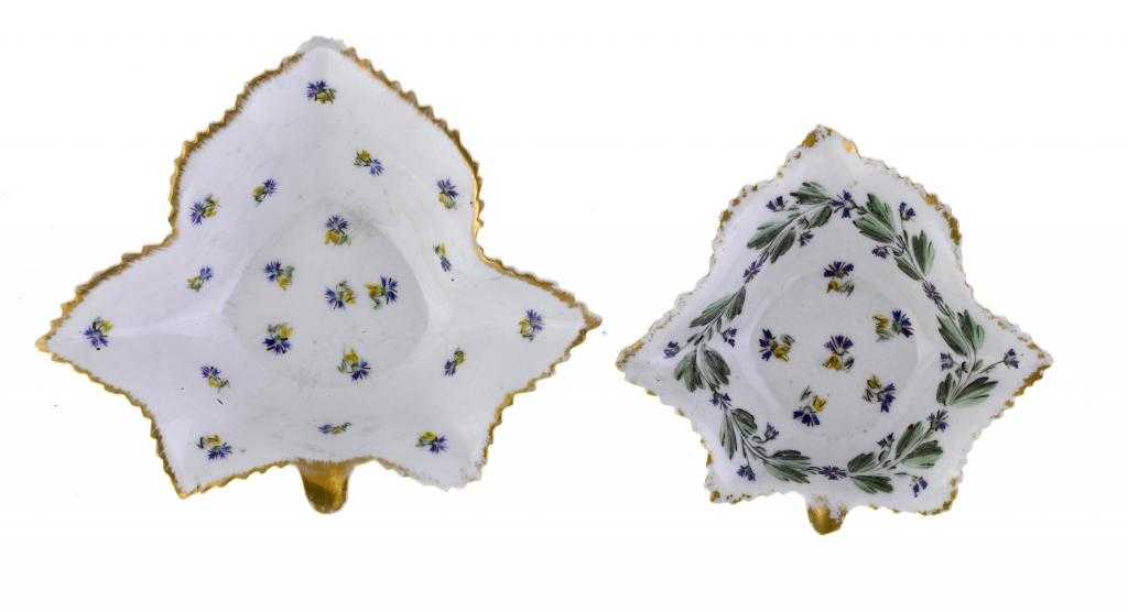 Appraisal: TWO CAUGHLEY POLYCHROME PICKLE DISHES of vine leaf shape enamelled