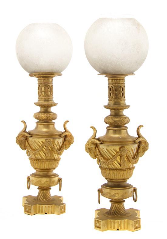 Appraisal: Pair of Louis XVI Style Gilt Bronze Oil Lamps of