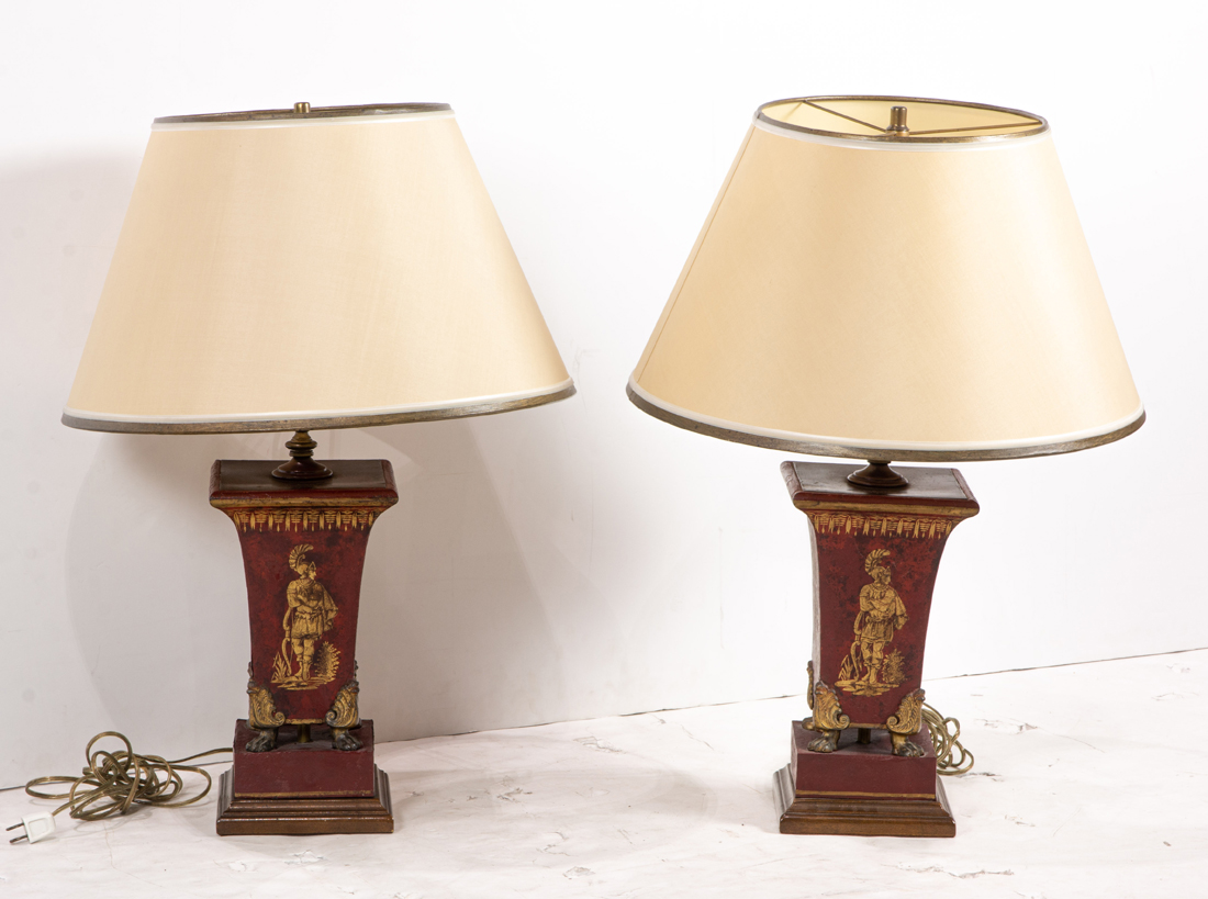 Appraisal: PAIR OF NEOCLASSICAL STYLE GILT TOLE URN FORM TABLE LAMPS