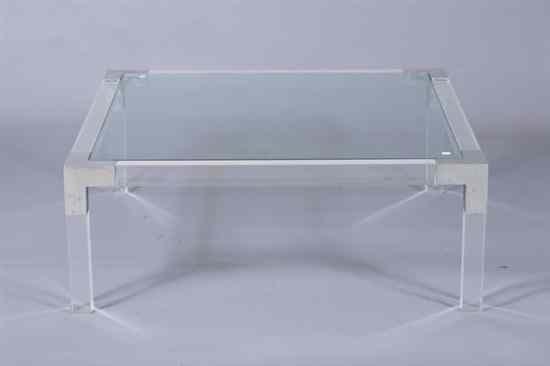 Appraisal: MODERN BRUSHED-METAL AND LUCITE LOW TABLE Square inset glass top