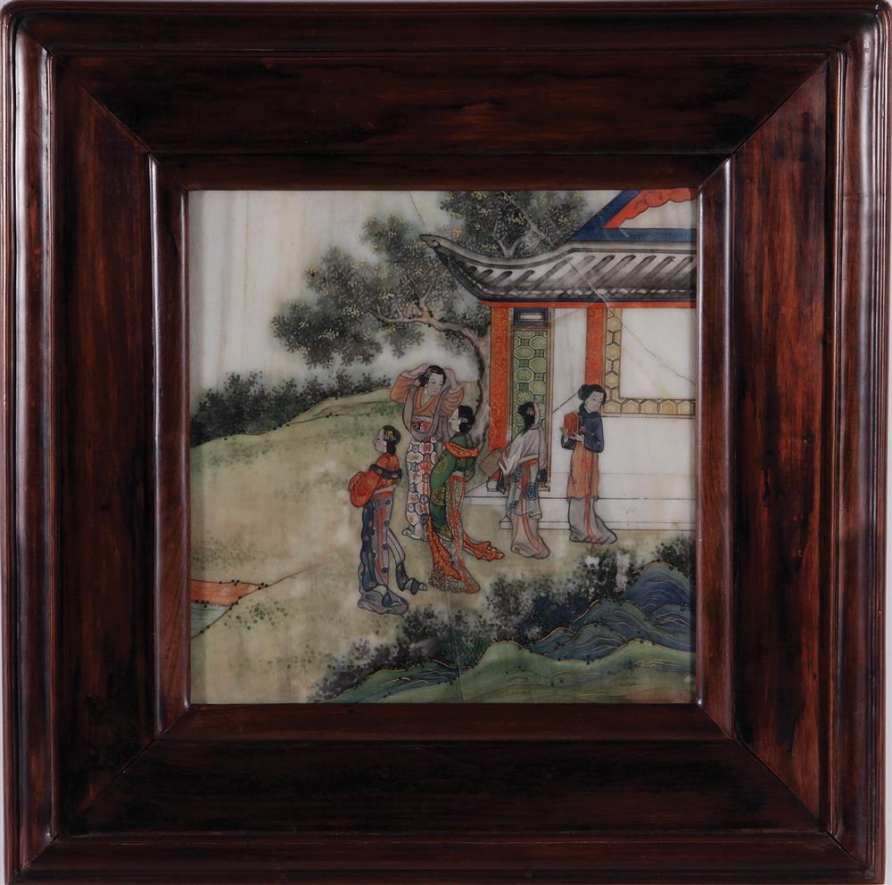 Appraisal: Chinese painted marble panel in hardwood frame late Qing dynasty