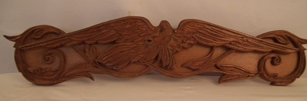 Appraisal: CARVED WOOD EAGLE PLAQUE Vintage carved and stained pine plaque