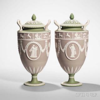 Appraisal: Pair of Wedgwood Tricolor Jasper Dip Vases and Covers England