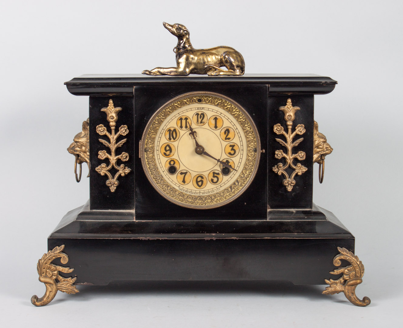 Appraisal: Beaux Arts enameled metal mantel clock with gilt-metal mounts gargoyle