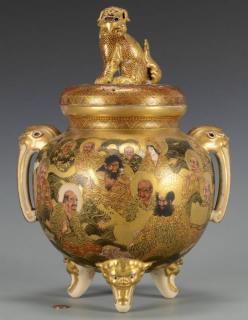 Appraisal: Lg Satsuma Censer w Foo Dog Finial Large Japanese Satsuma