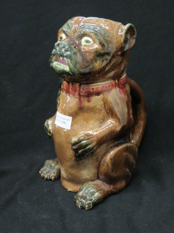 Appraisal: Majolica Pottery Figural Dog Pitcher bull dog seated excellent