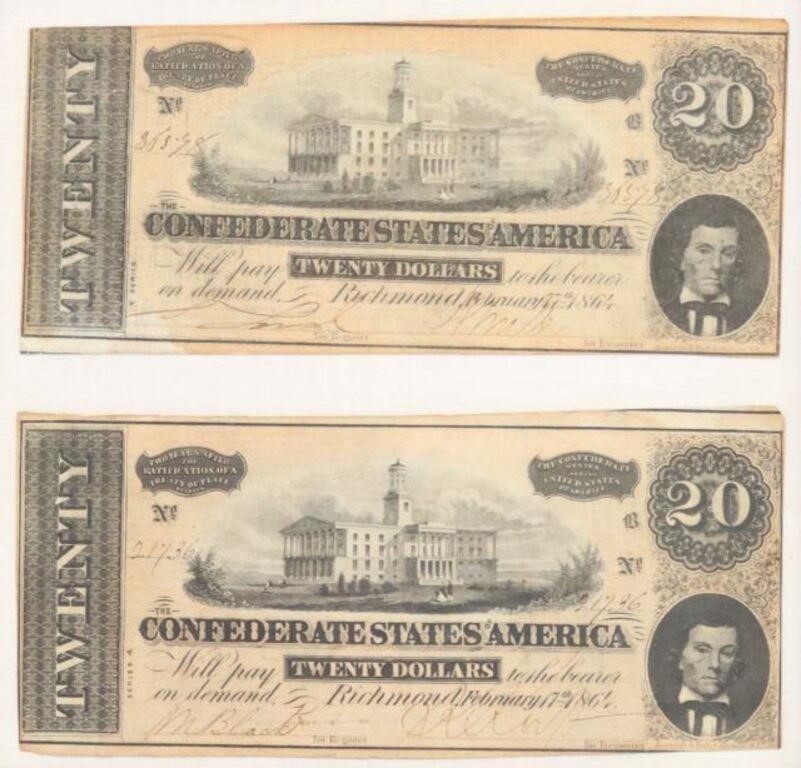 Appraisal: Framed Confederate States of America currency notes seventh issue February