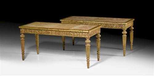 Appraisal: PAIR OF CARVED GILTWOOD SALON TABLES Louis XVI style German