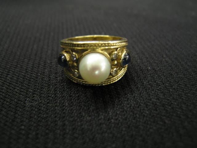 Appraisal: Sapphire Diamond Pearl Ring two blue cabachons center pearl four