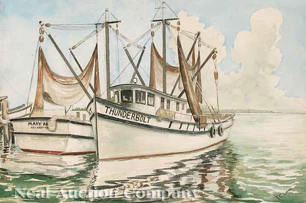 Appraisal: T C Lane American th c Shrimp Boats at Dock