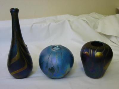 Appraisal: THREE VARIOUS JOHN DITCHFIELD GLASFORM VASES decorated in typical iridescent