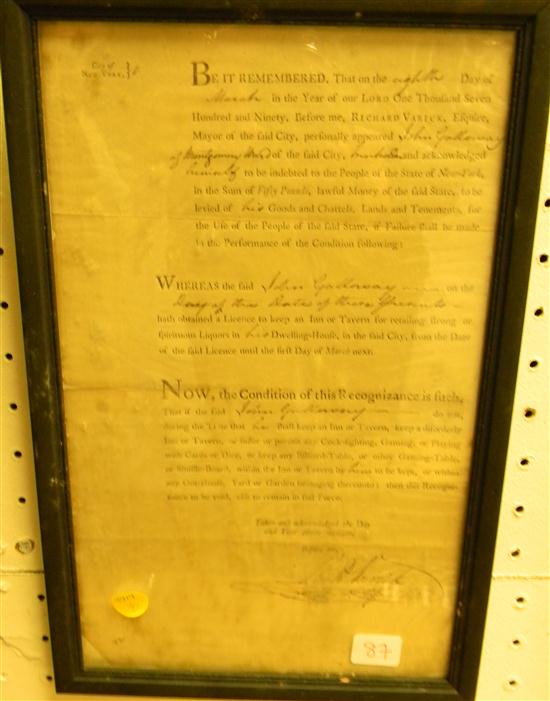 Appraisal: EPHEMERA th C document originating City of New York framed