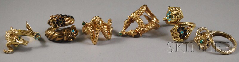 Appraisal: Six Gold Gem-set and Enameled Rings three kt gold Zodiac