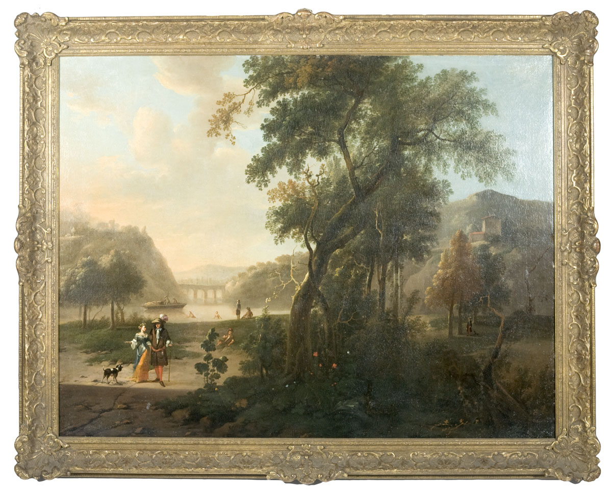 Appraisal: ROMANTIC LANDSCAPE WITH FIGURES STROLLING BENEATH TREES BESIDE A RIVER